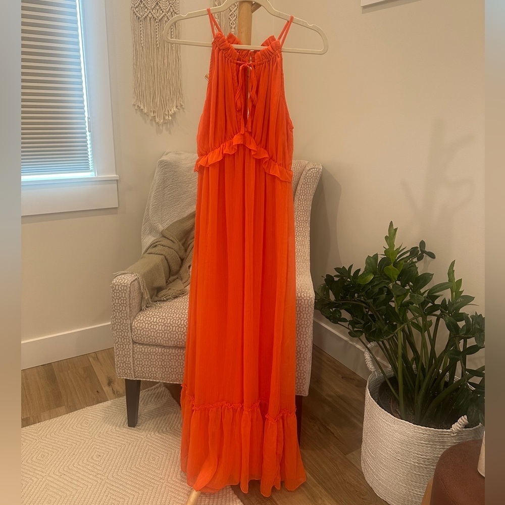 She + Sky Orange Maxi Dress High Waist Ruffle Hem Adjustable Straps Medium - Picture 2 of 7